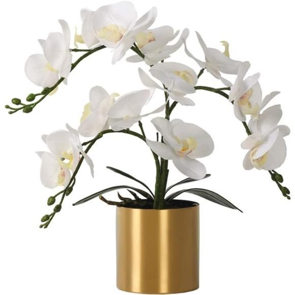 Artificial Orchid Flower with Vase, White Orchid Bonsai Faux Orchid Phalaenopsis - Picture 1 of 6